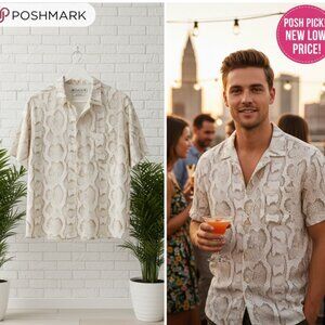 All Saints Camp Relaxed Fit size M Reptile Print Shirt Beige Ecru Tan